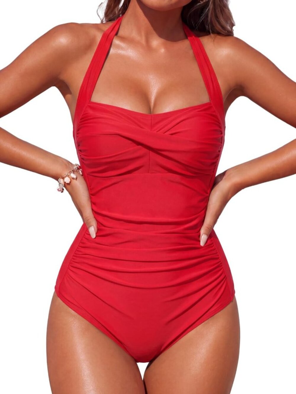 Vintage Retro Tummy Control One Piece Swimsuit - Slimming Halter Bathing Suit